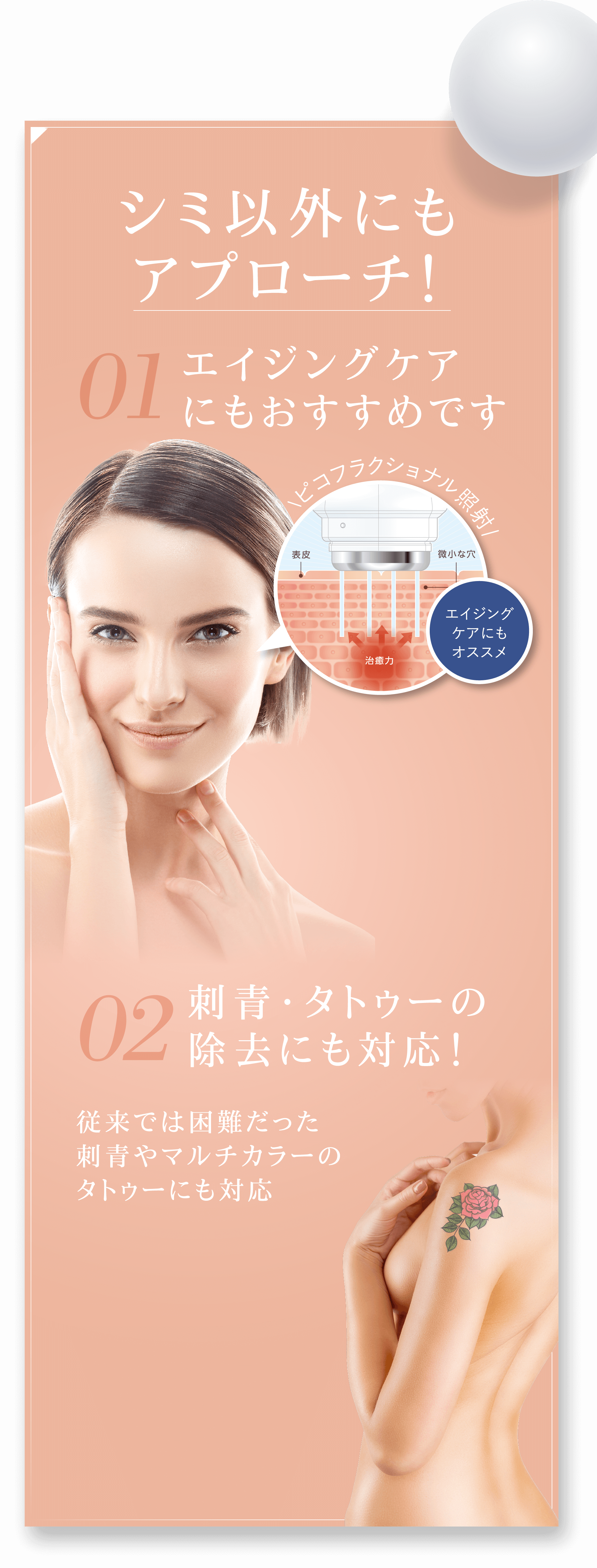 02刺青･タトゥーの除去にも対応！01エイジングケアにもおすすめです従来では困難だった刺青やマルチカラーのタトゥーにも対応シミ以外にもアプローチ！ピコフラクショナル照射エイジングケアにもオススメ